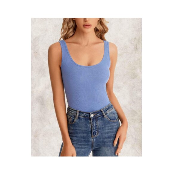 Cotton Ribbed Blue Slim Fit Scoop Neck Tank Top XXL - Picture 2 of 11